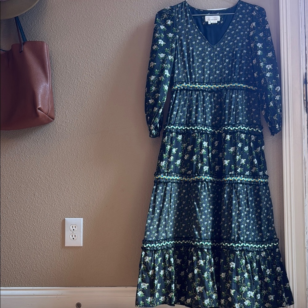 Anthropologie Black and Green Floral Dress